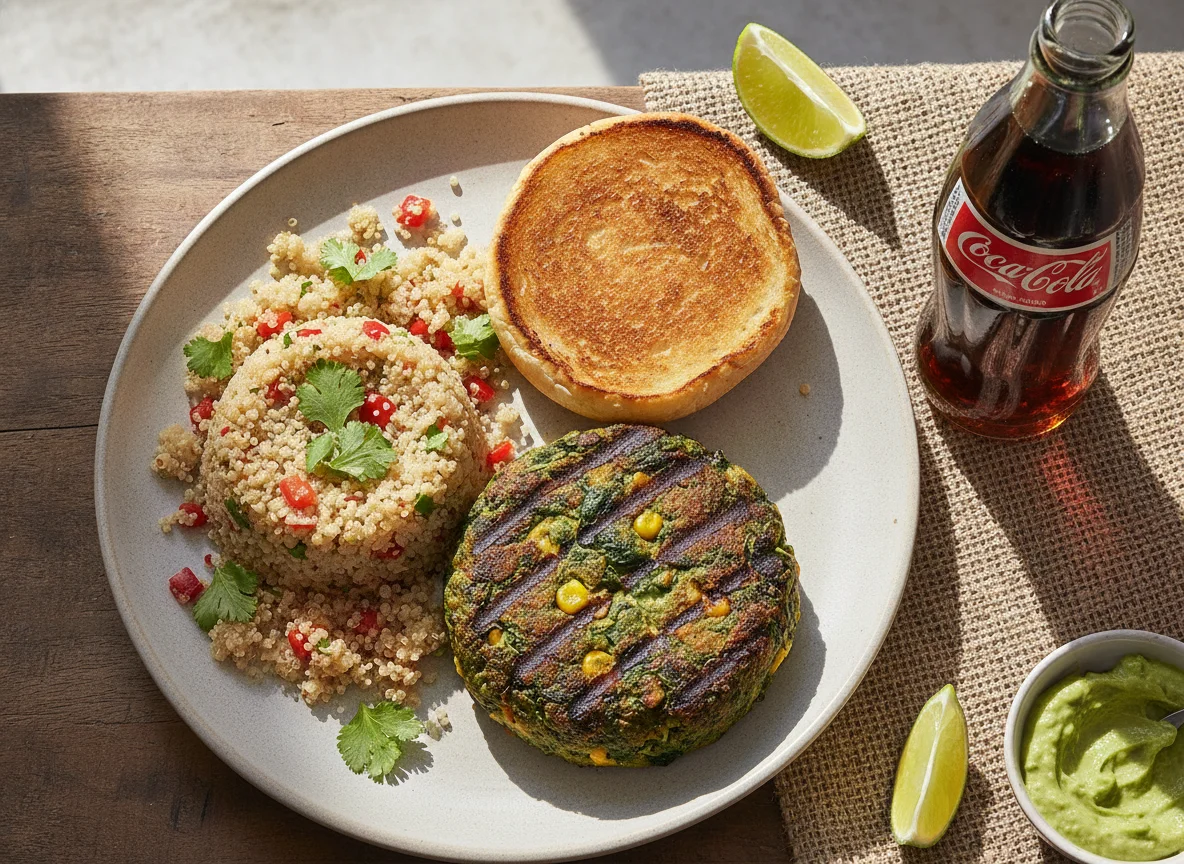 Quinoa con hamburguesa vegetal y refresco photo