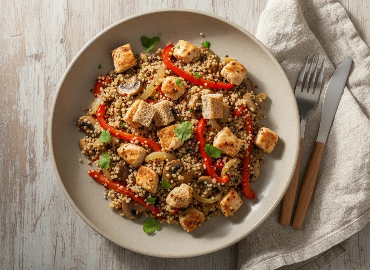 Quinoa con pollo, champiñones y vegetales photo