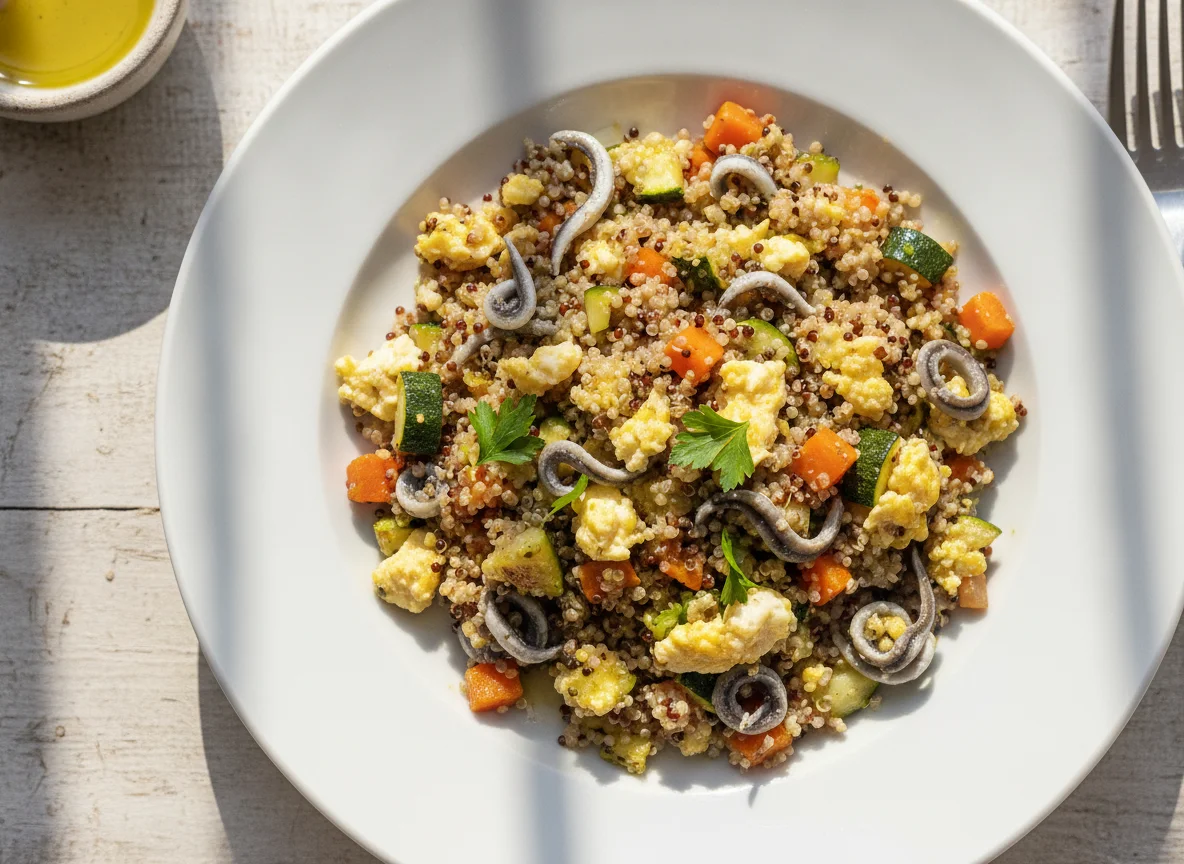 Quinoa con verduras y revuelto de gulas photo