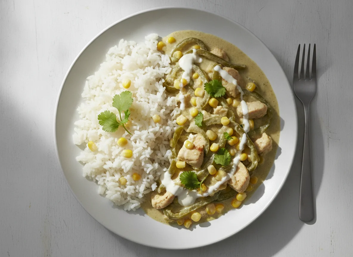 Rajas con crema y arroz blanco photo
