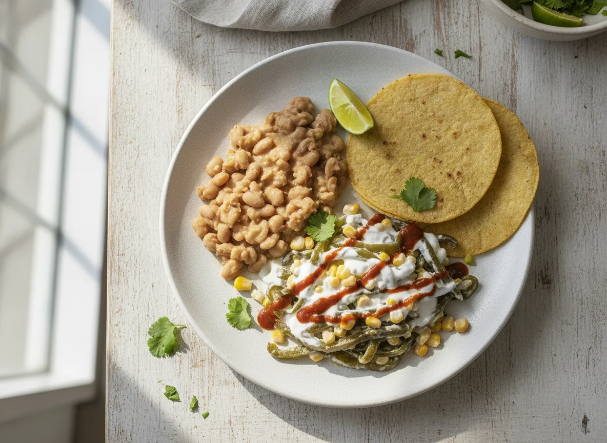 Rajas con crema y frijoles bayos photo