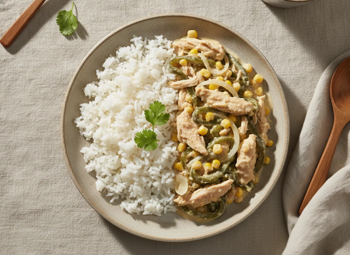 Rajas con crema y pollo con arroz blanco photo