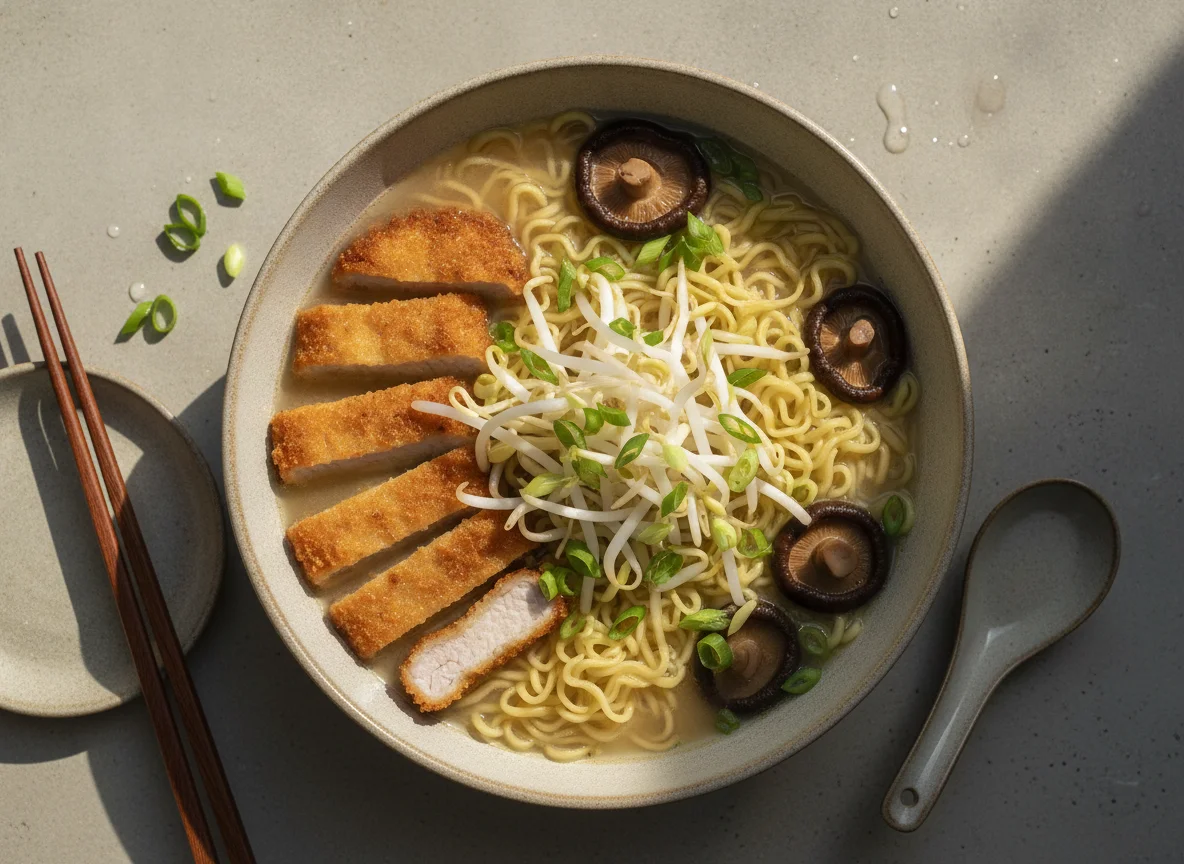 Ramen con fideos de huevo, setas y brotes photo