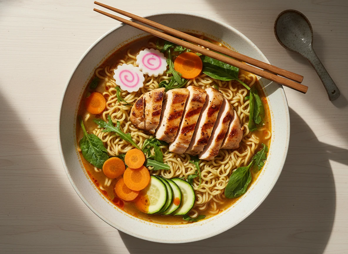 Ramen con pollo y vegetales photo