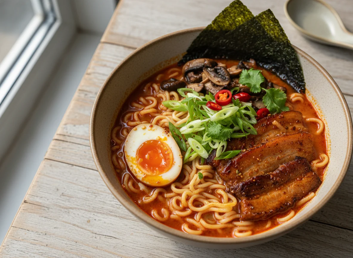 Ramen picante con cerdo y huevo photo