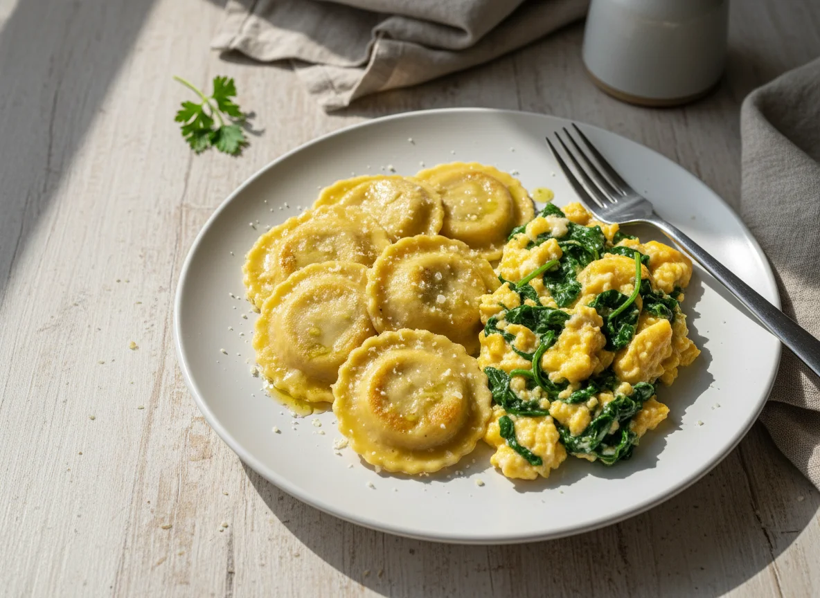 Ravioles con huevos revueltos photo