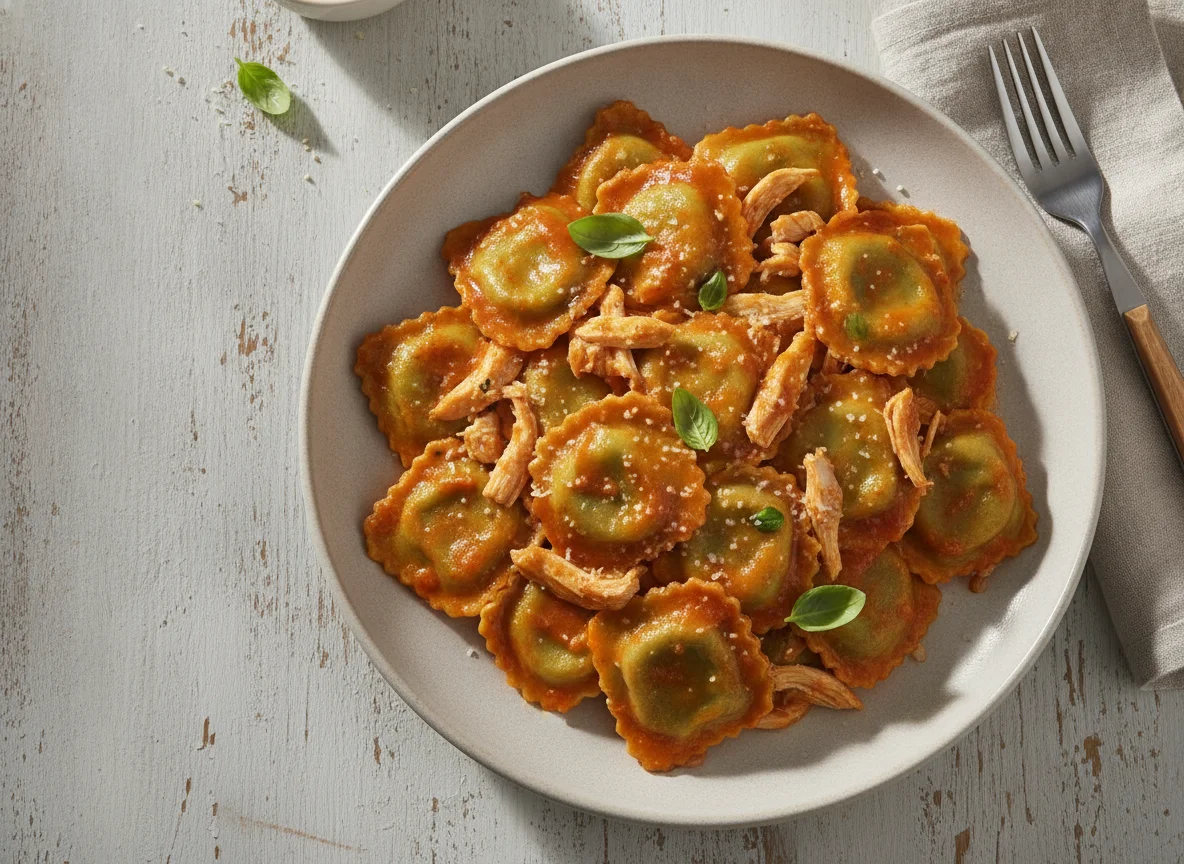 Ravioles con salsa de tomate y pollo photo