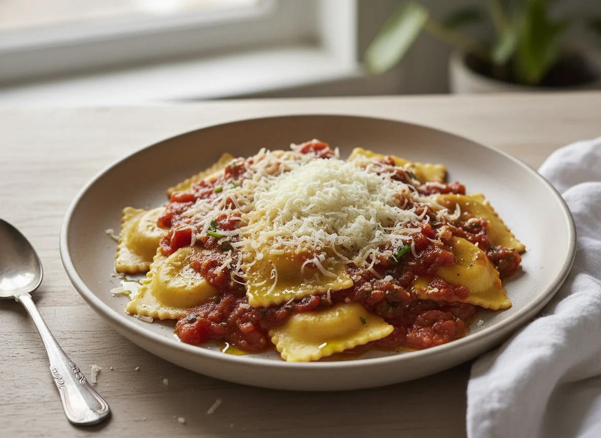 Ravioles con salsa y queso rallado photo