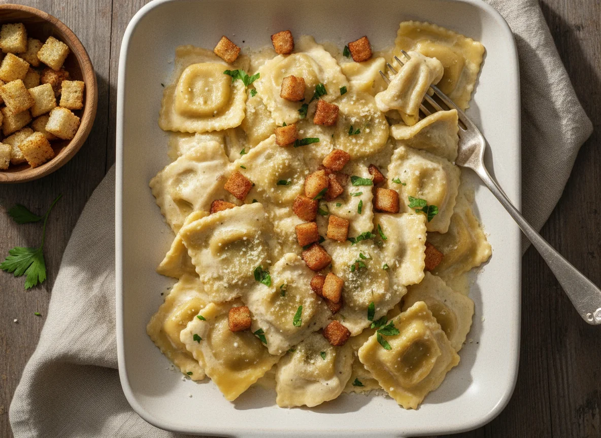 Ravioli con salsa de nata y panceta photo