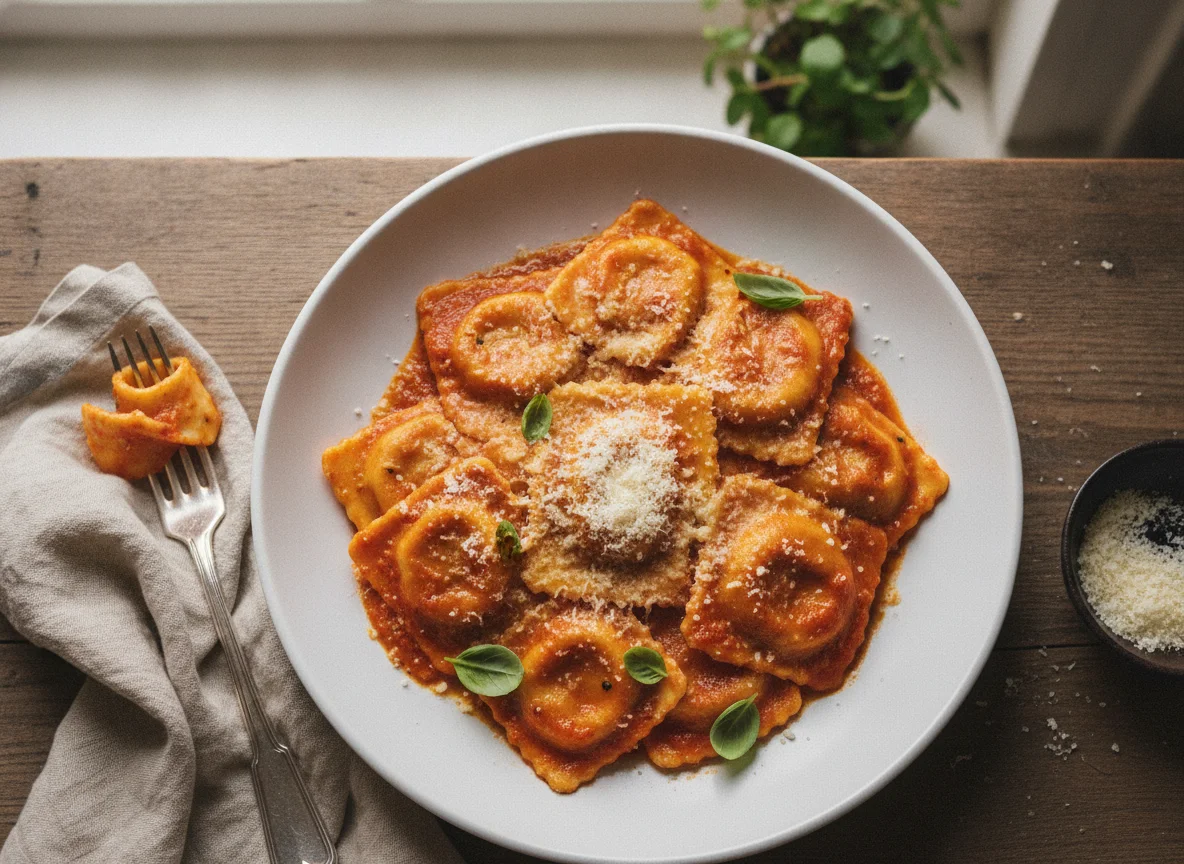 Raviolis con salsa de tomate y queso photo