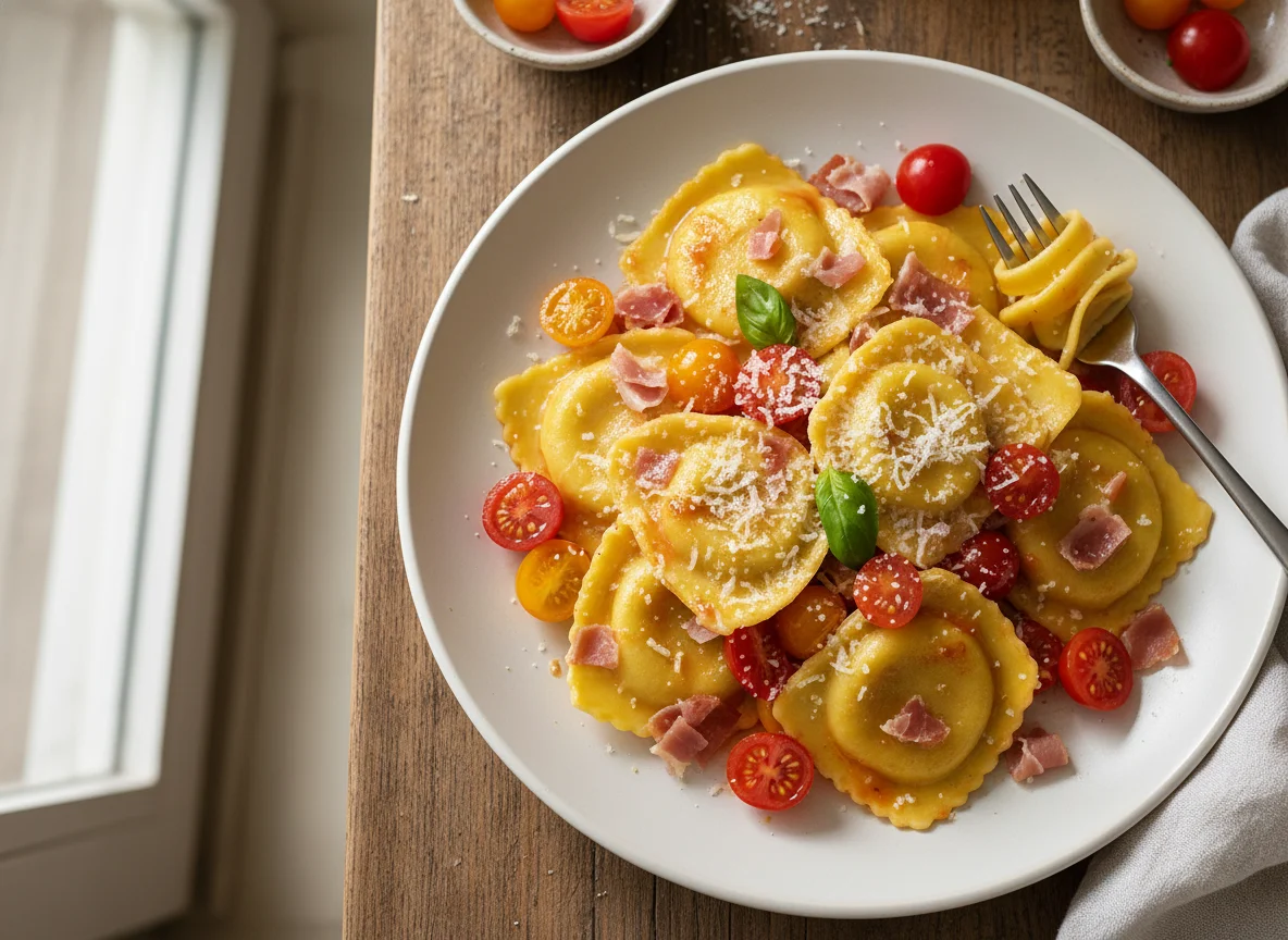 Raviolis con tomate cherry, jamón y queso photo