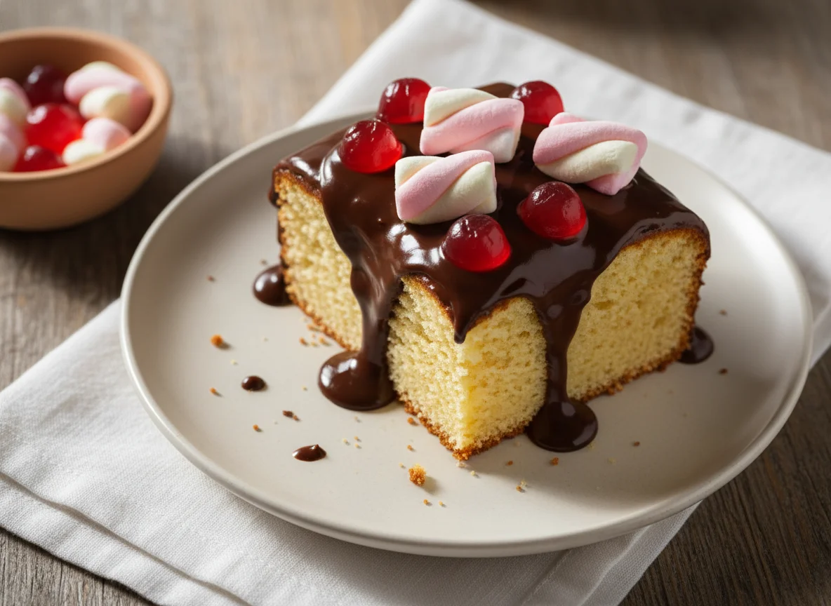 Rebanada de bizcocho con chocolate y golosinas photo