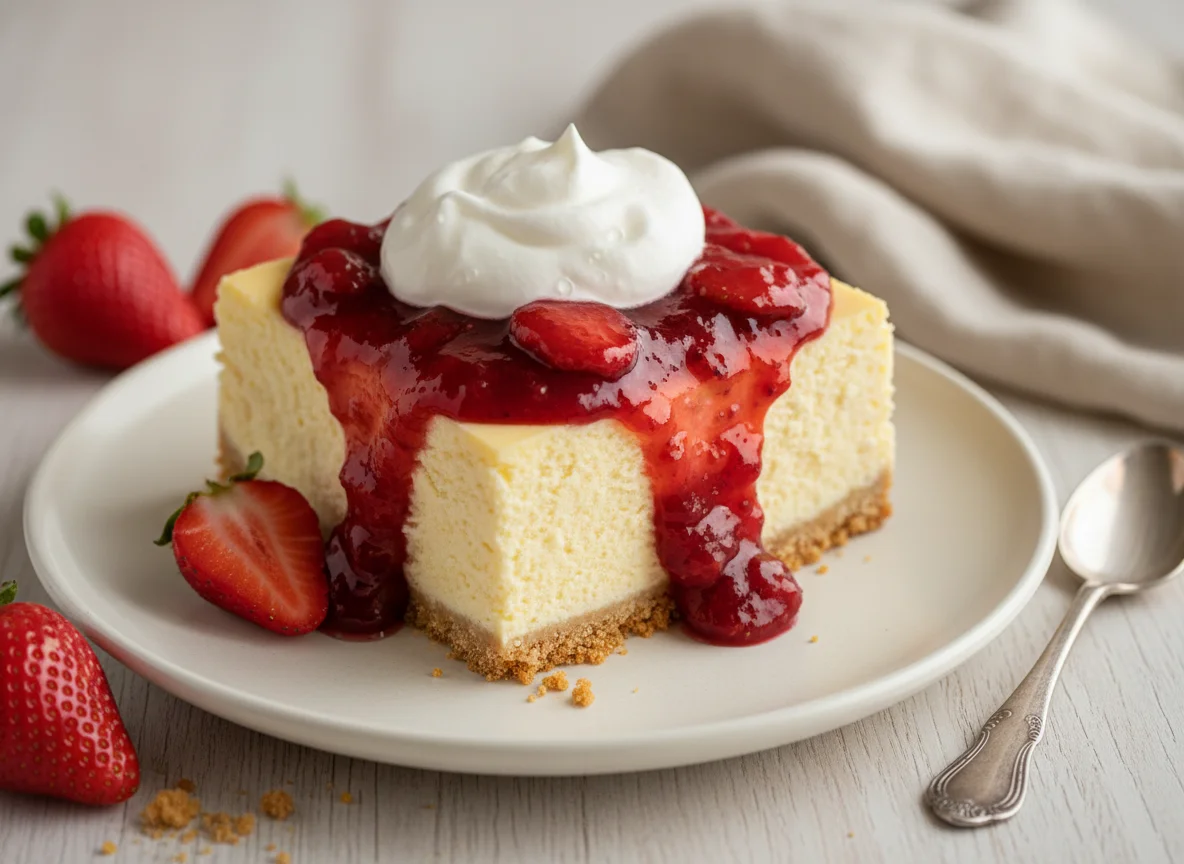 Rebanada de pastel de queso con mermelada de fresa y crema batida photo