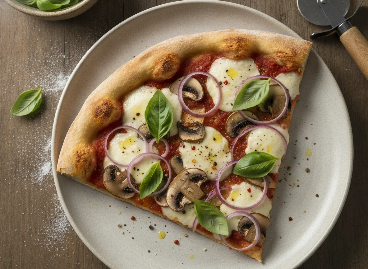 Rebanada de pizza artesanal con vegetales y albahaca photo