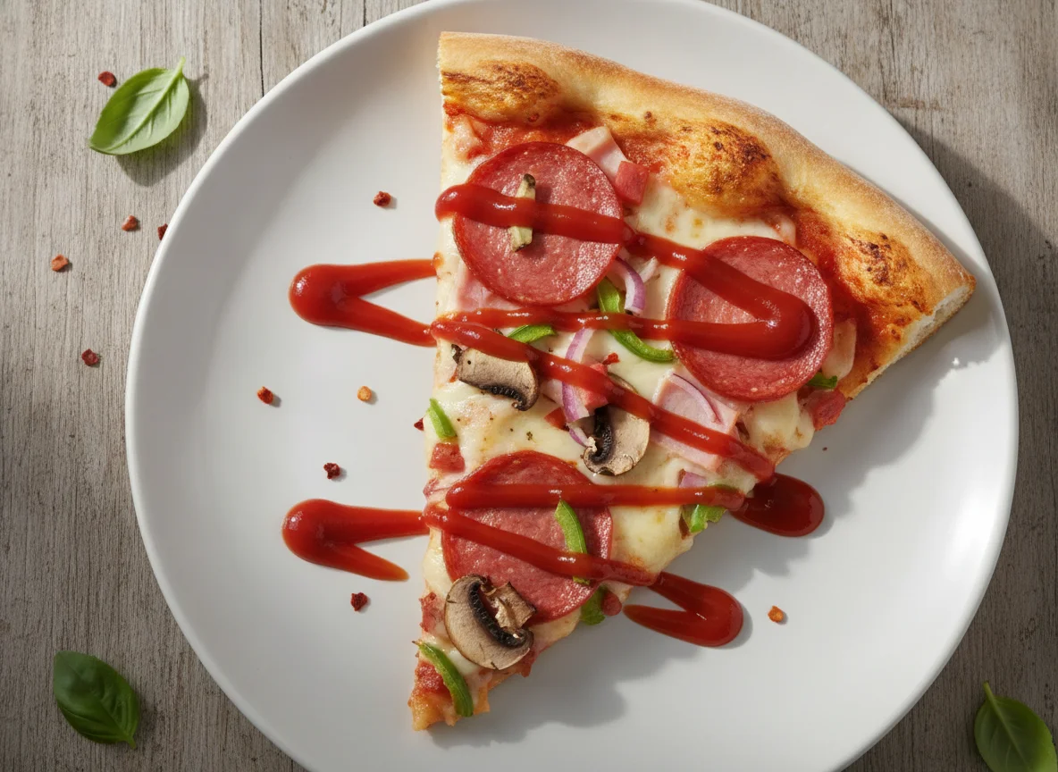 Rebanada de pizza combinada con salsa catsup photo