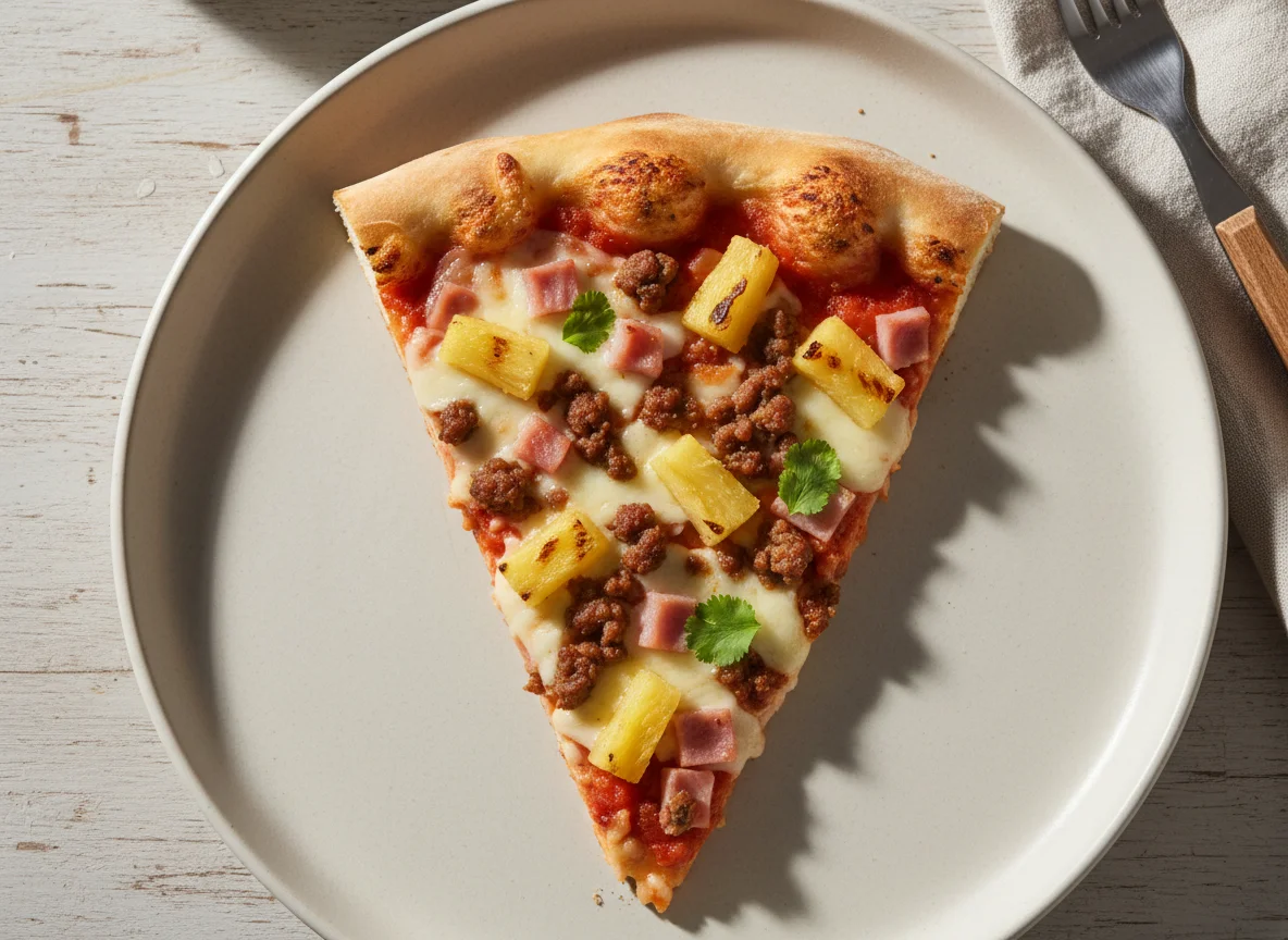 Rebanada de pizza con carne y piña photo