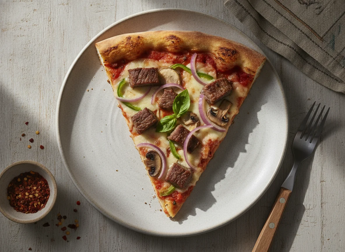 Rebanada de pizza con carne y vegetales photo