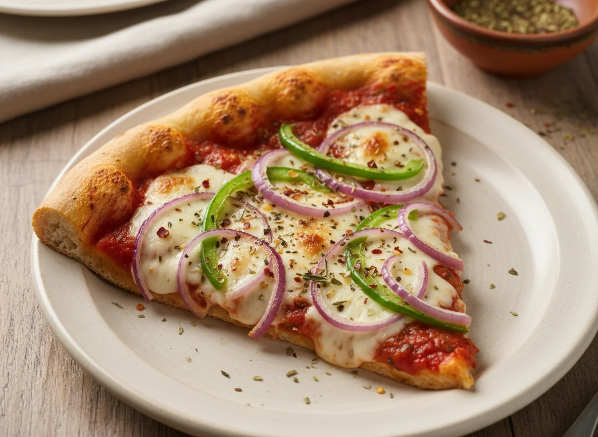 Rebanada de pizza con cebolla y pimiento photo