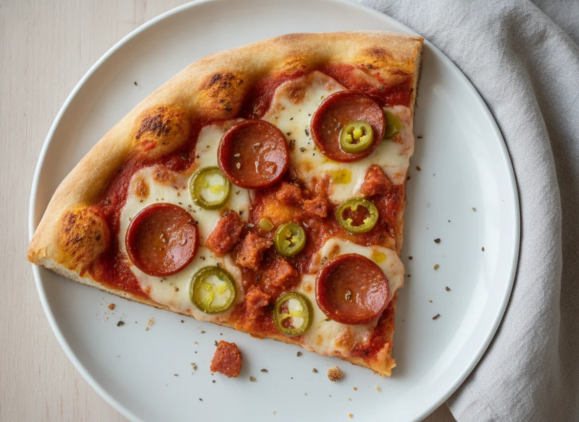 Rebanada de pizza con chorizo y jalapeños photo