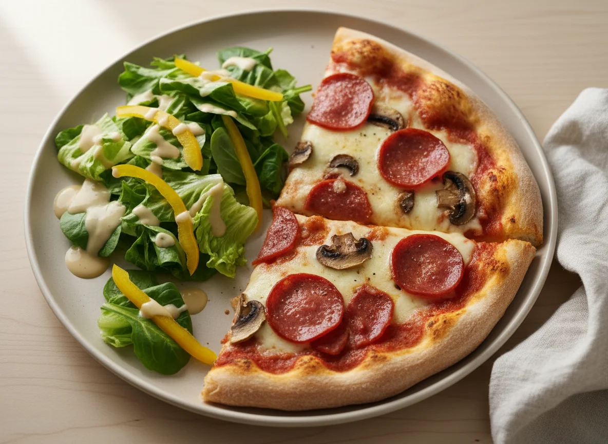 Rebanada de pizza con ensalada photo