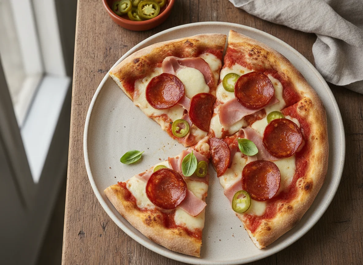 Rebanada de pizza con jamón, chorizo y jalapeños photo