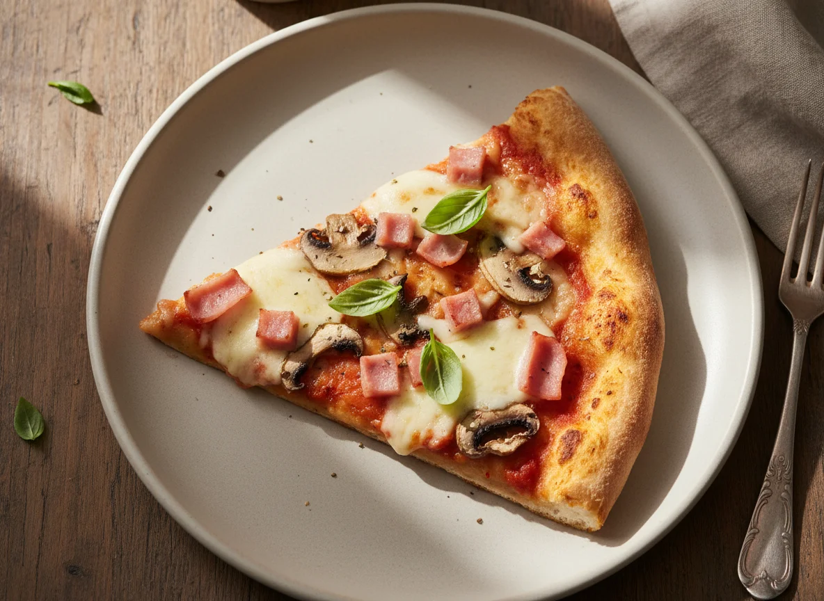 Rebanada de pizza con jamón y champiñones photo