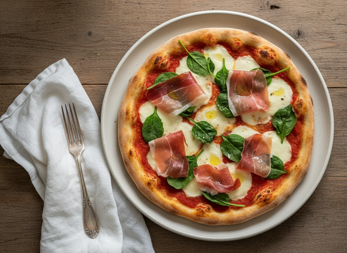 Rebanada de pizza con jamón y espinacas photo