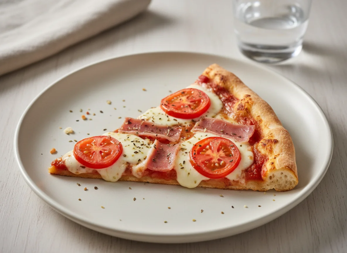 Rebanada de pizza con jamón y tomate photo