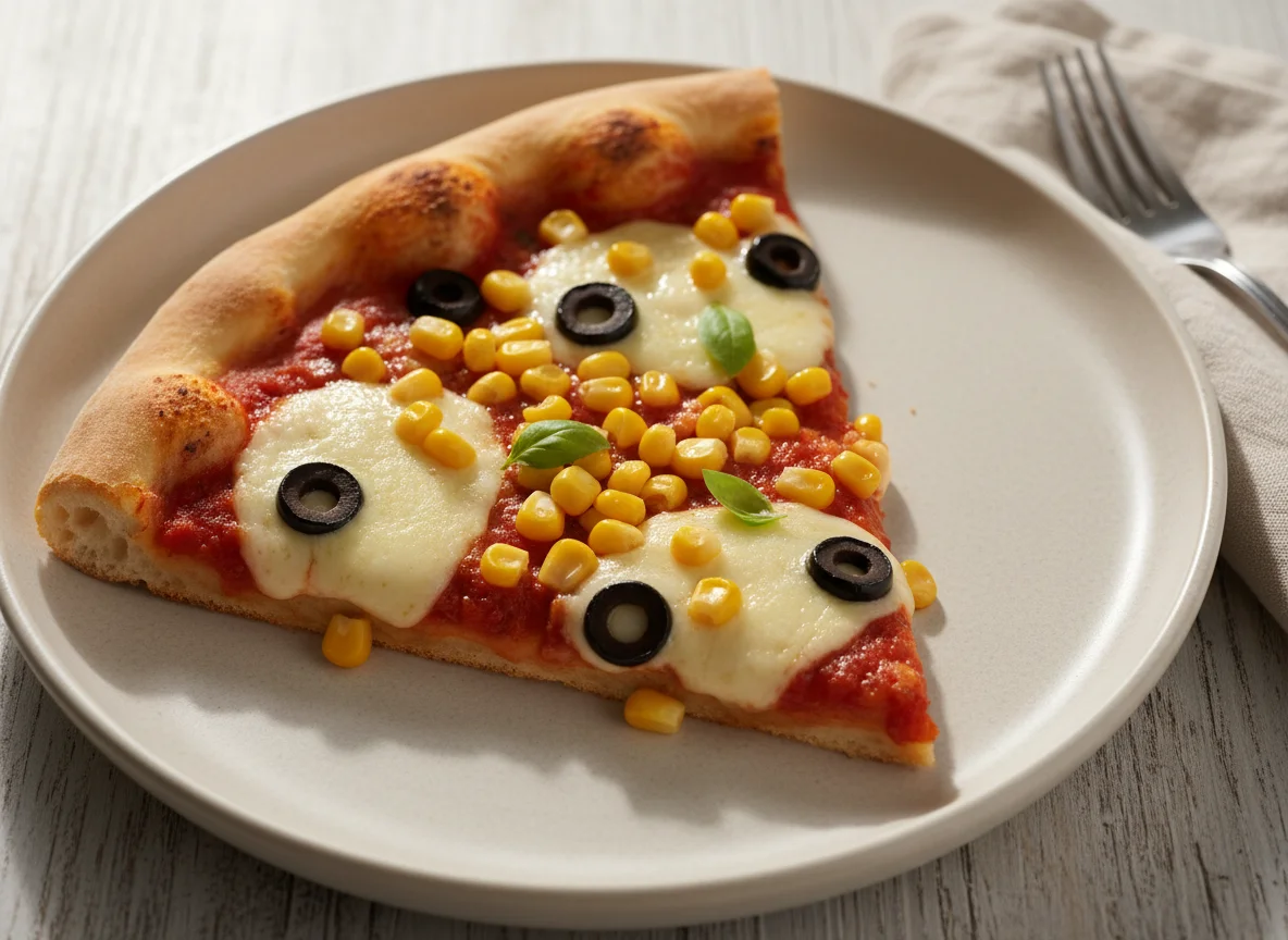 Rebanada de pizza con maíz y aceitunas photo