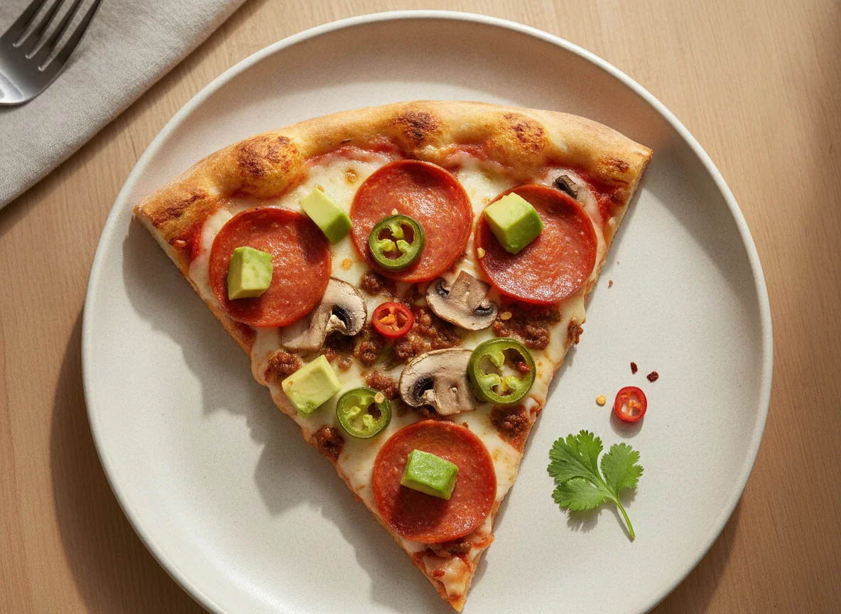 Rebanada de pizza con pepperoni, champiñones y aguacate photo