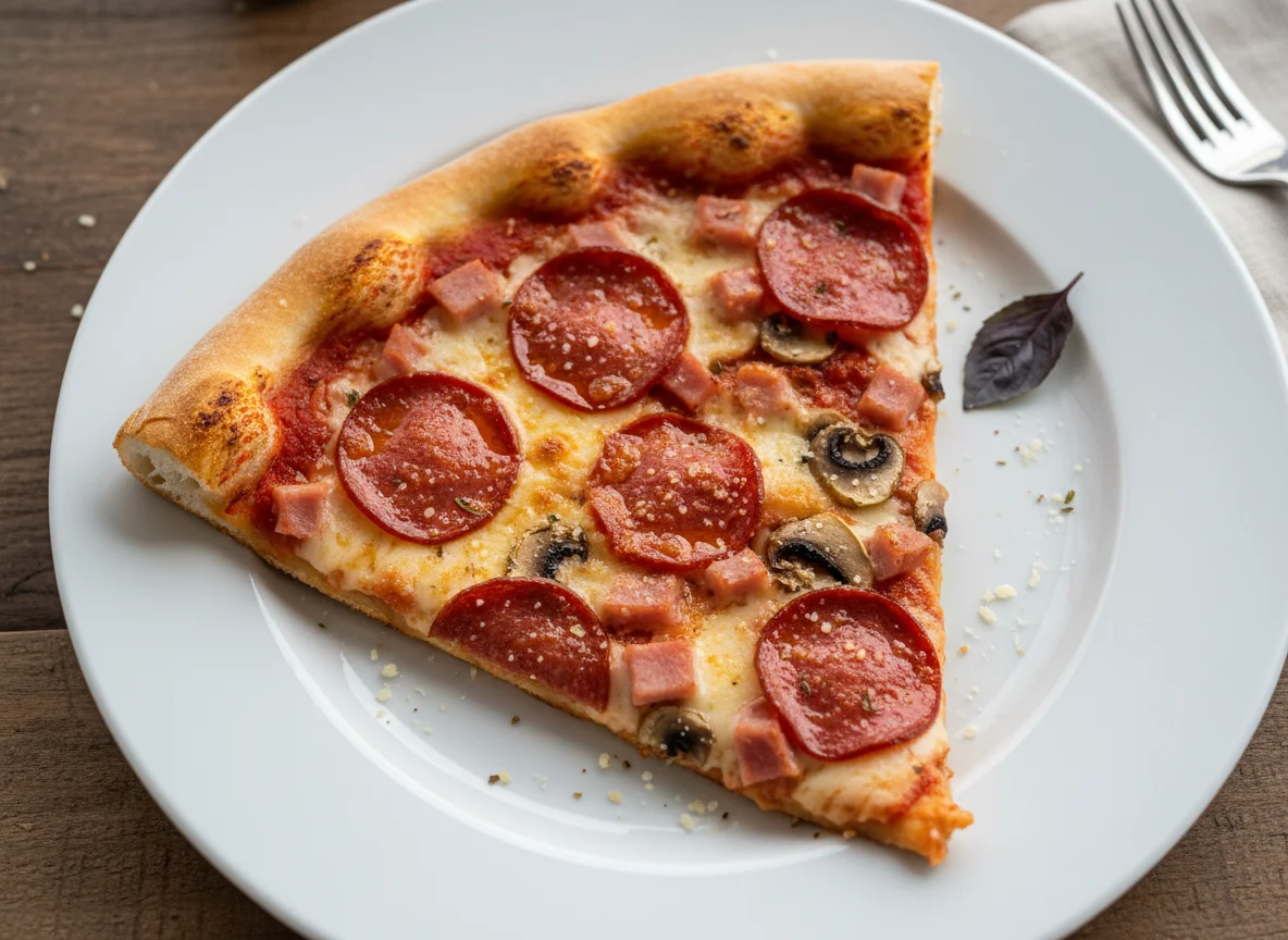 Rebanada de pizza con pepperoni, jamón y champiñones photo