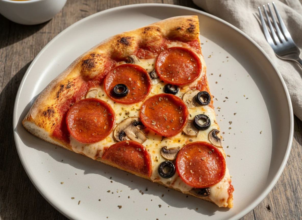 Rebanada de pizza con pepperoni y champiñones photo