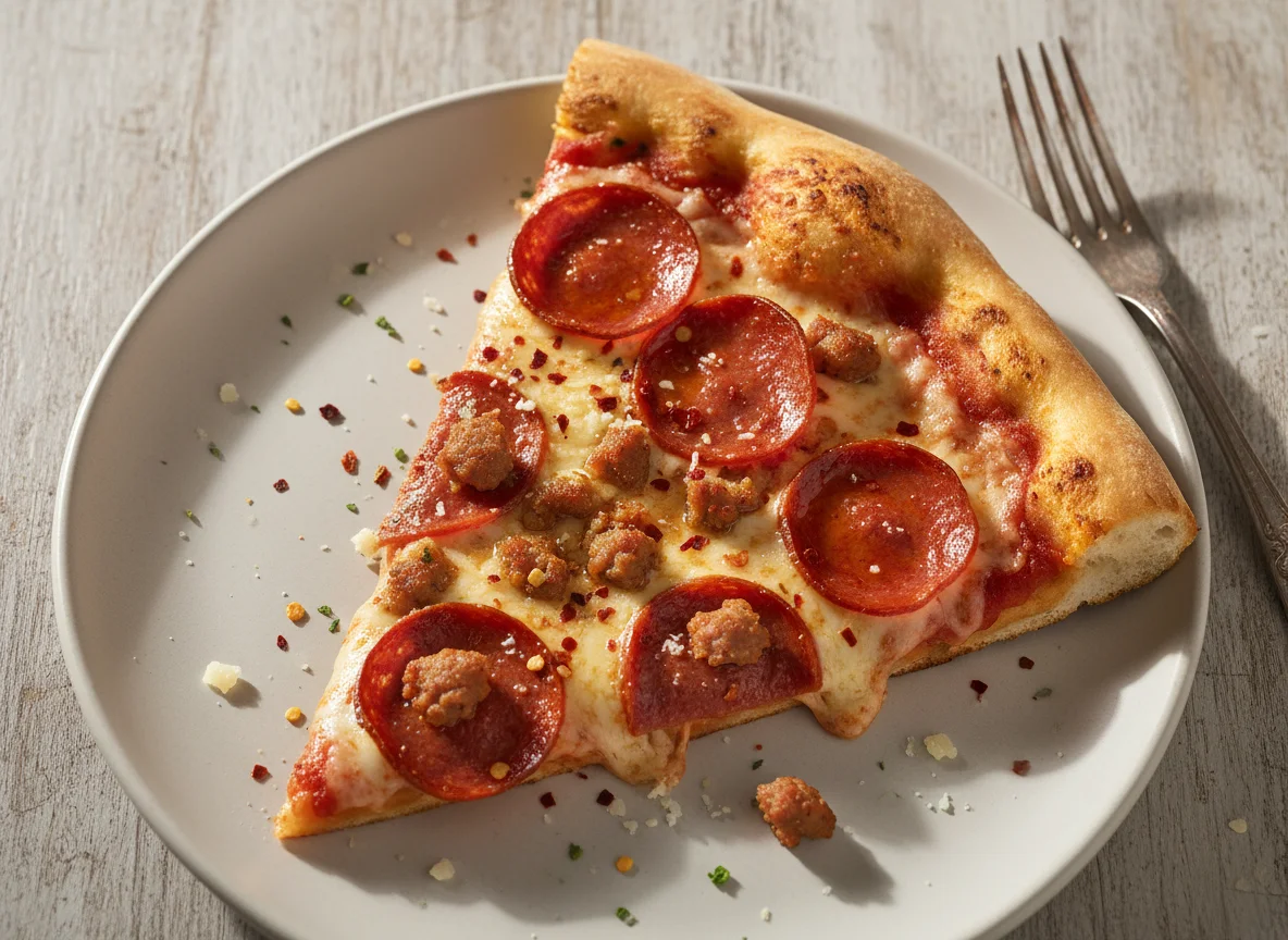 Rebanada de pizza con pepperoni y salchicha photo