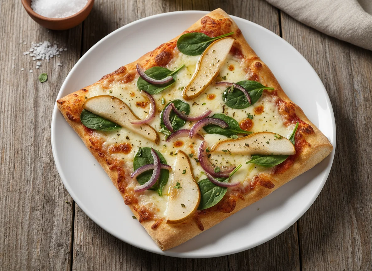 Rebanada de pizza con pera y cebolla caramelizada photo