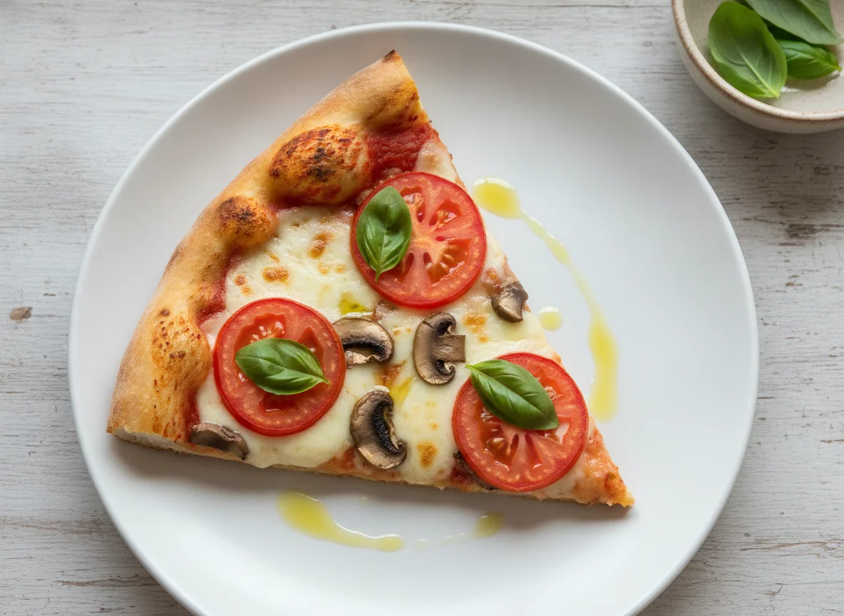 Rebanada de pizza con tomate y champiñones photo