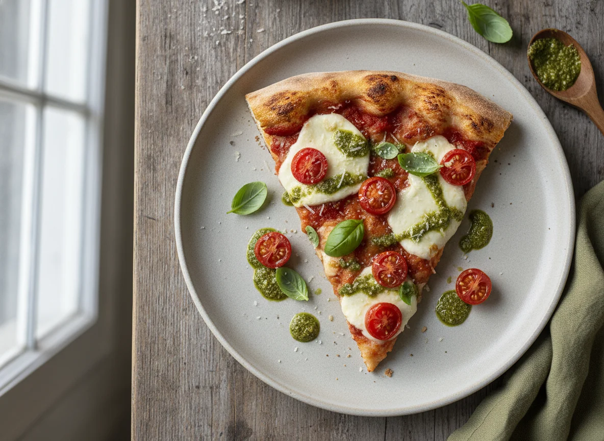 Rebanada de pizza con tomate y pesto photo