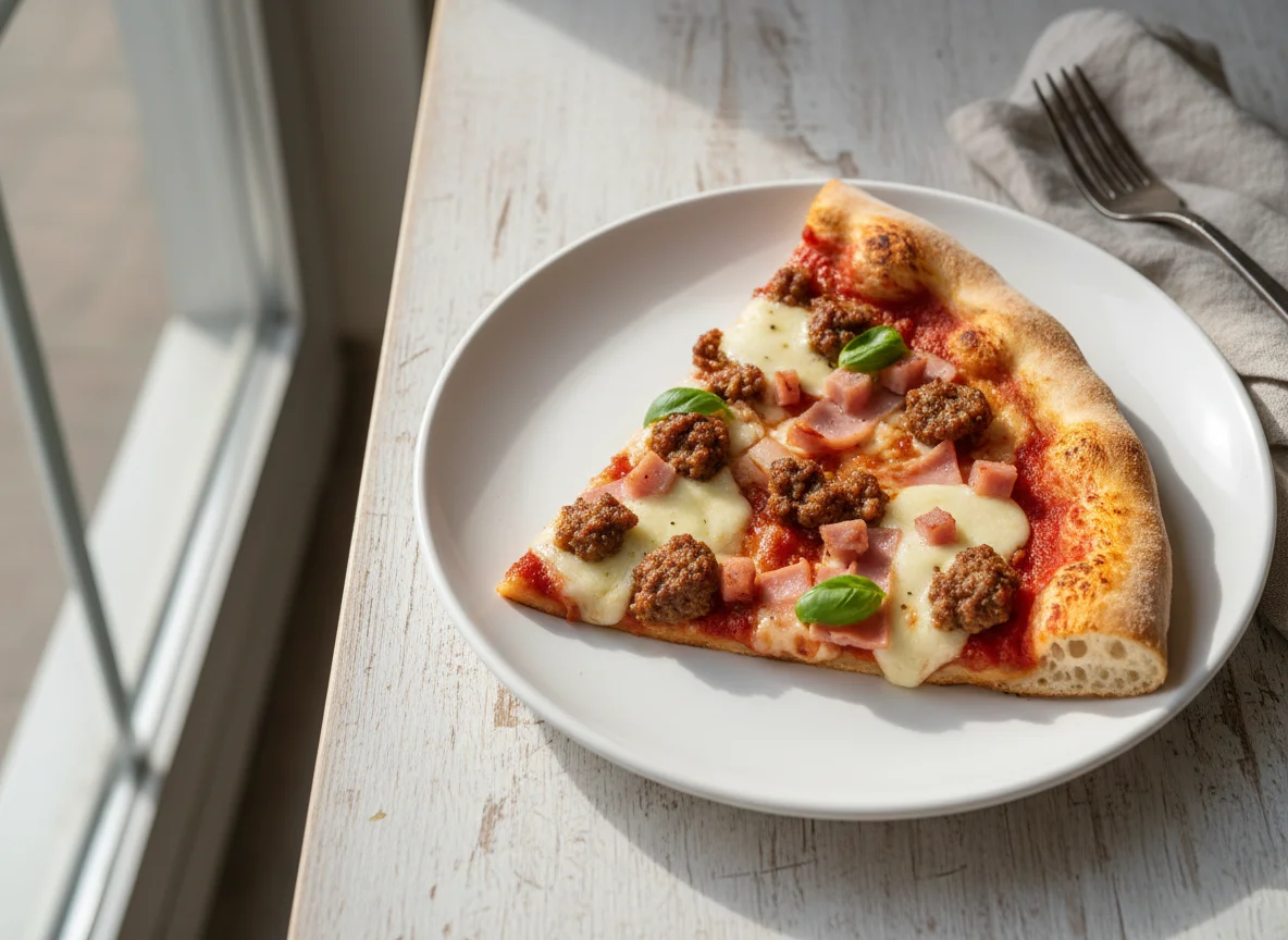 Rebanada de pizza de carne y jamón photo