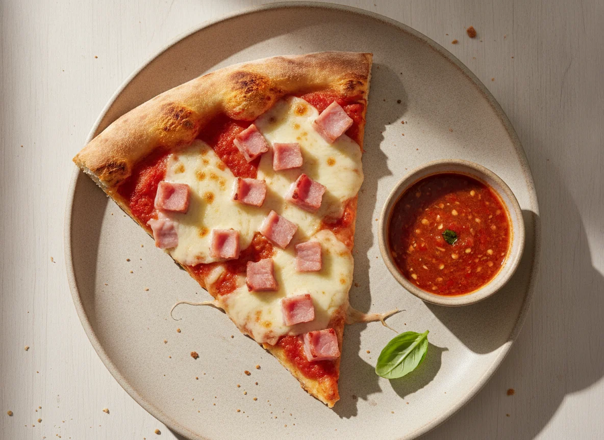 Rebanada de pizza de jamón con salsa roja photo