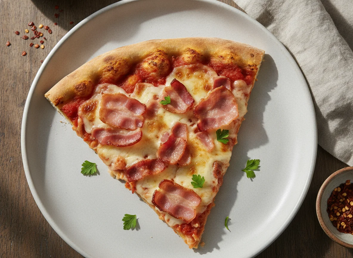Rebanada de pizza de jamón y tocino photo