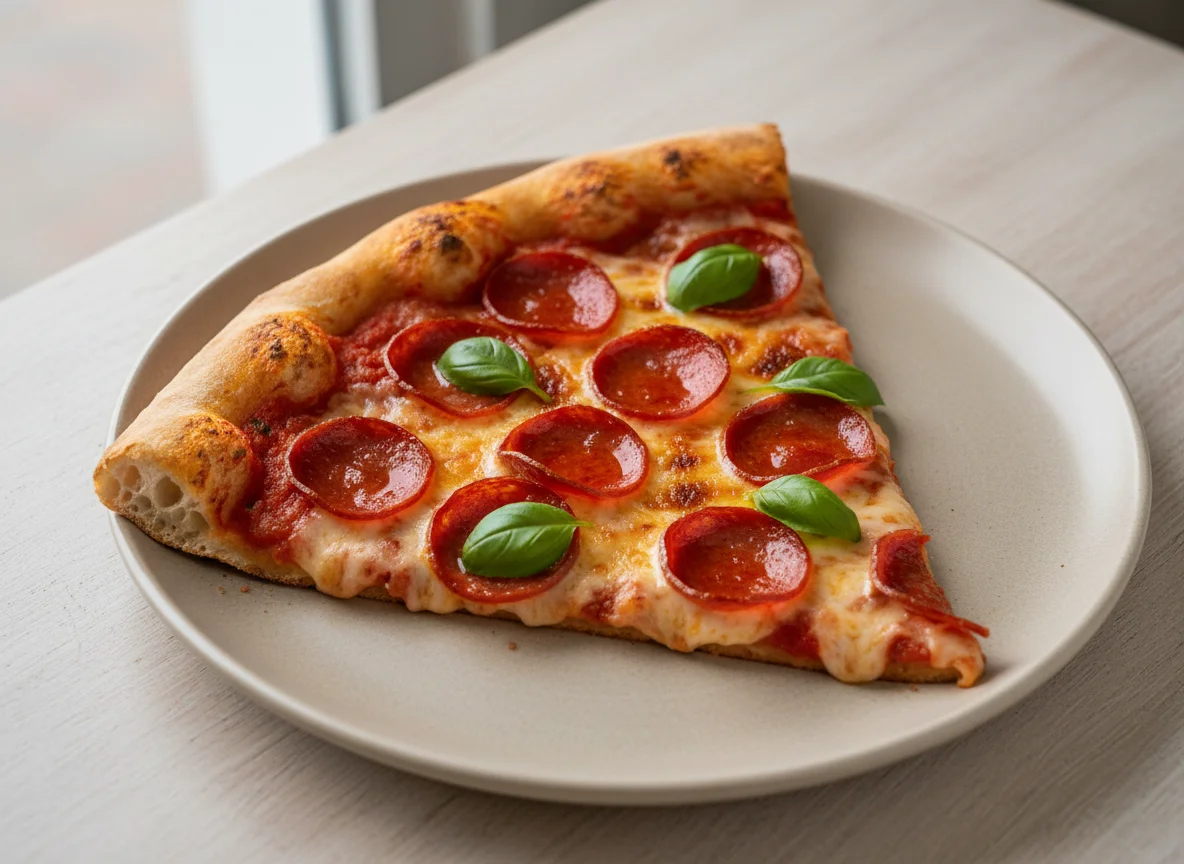 Rebanada de pizza de pepperoni con albahaca photo