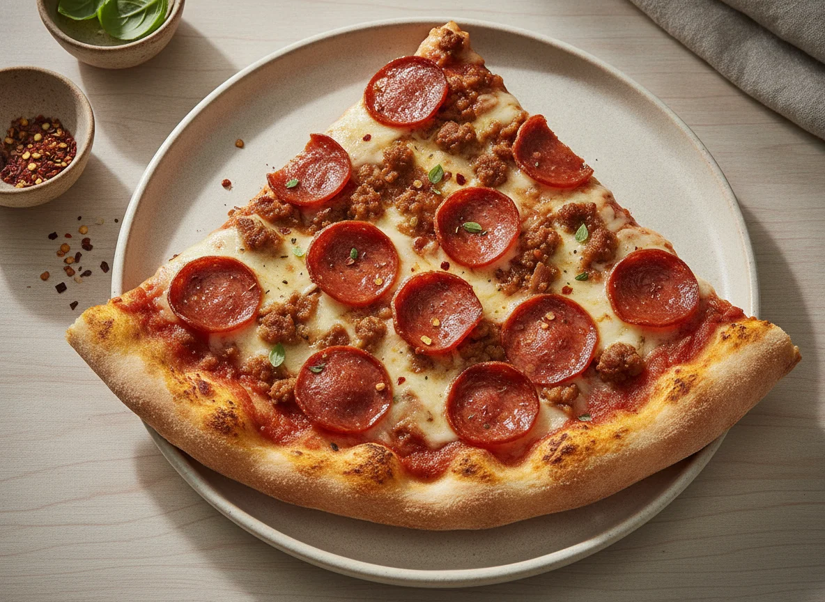 Rebanada de pizza de pepperoni y carne photo