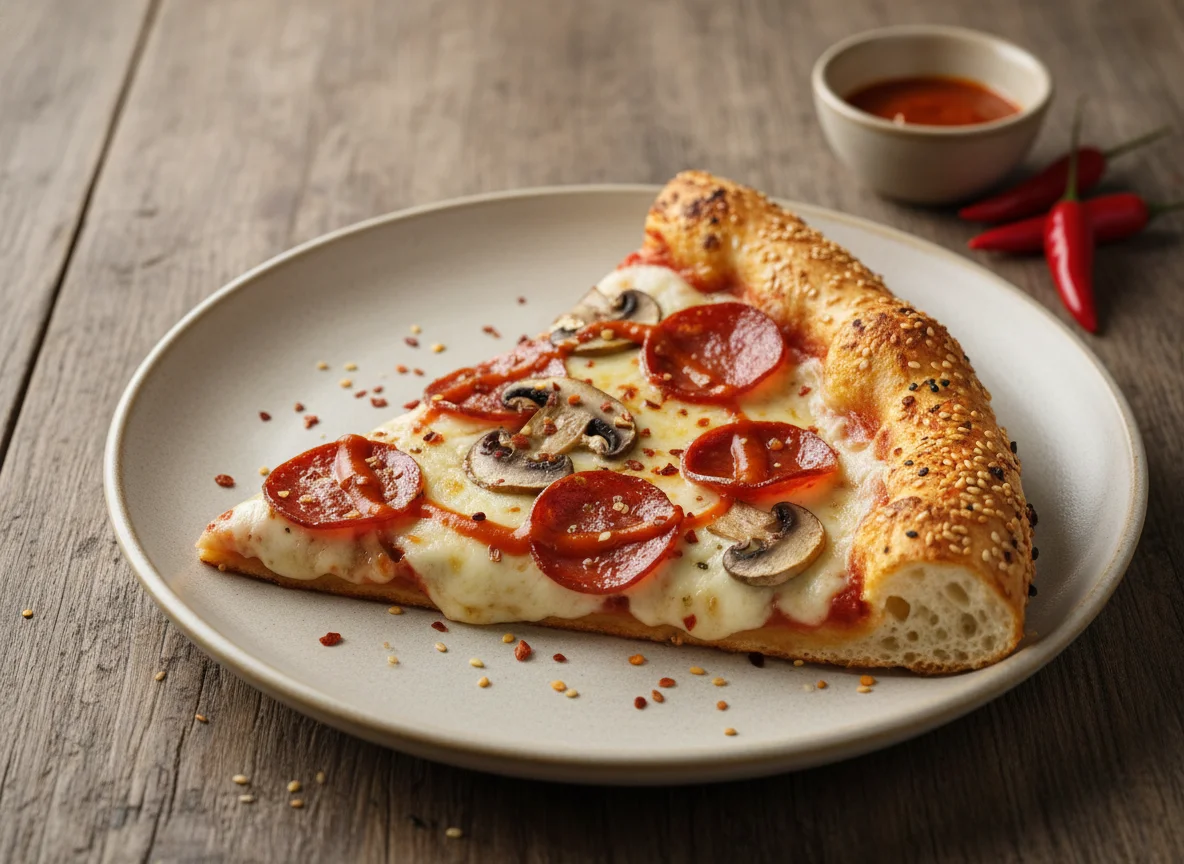 Rebanada de pizza de pepperoni y champiñones photo