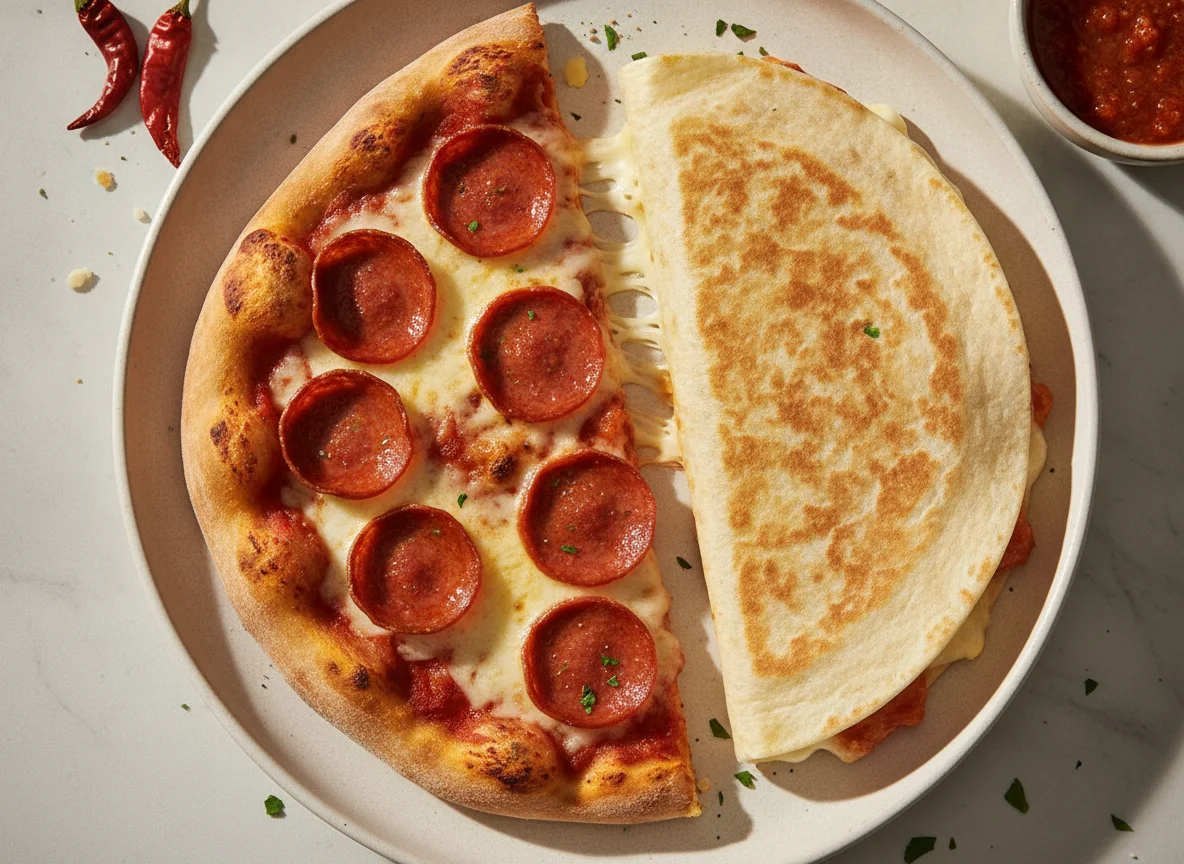 Rebanada de pizza de pepperoni y quesadilla de harina photo