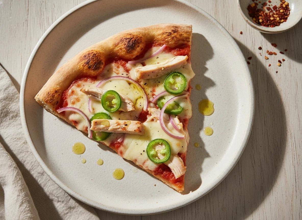 Rebanada de pizza de pollo y jalapeños photo