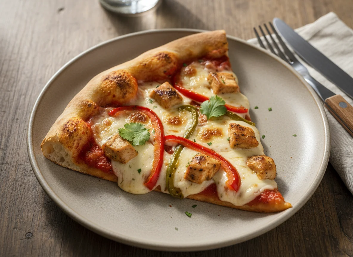 Rebanada de pizza de pollo y pimientos photo