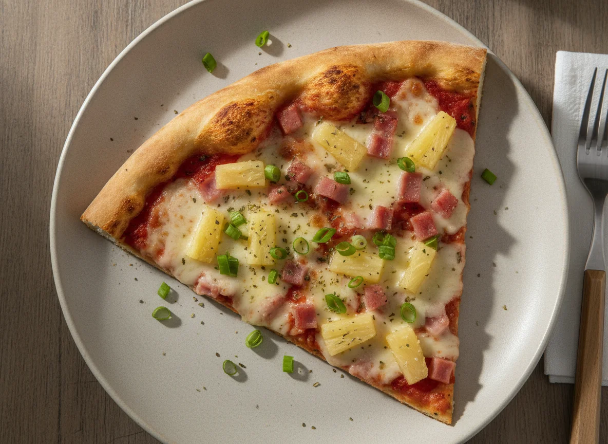 Rebanada de pizza hawaiana con cebollín photo