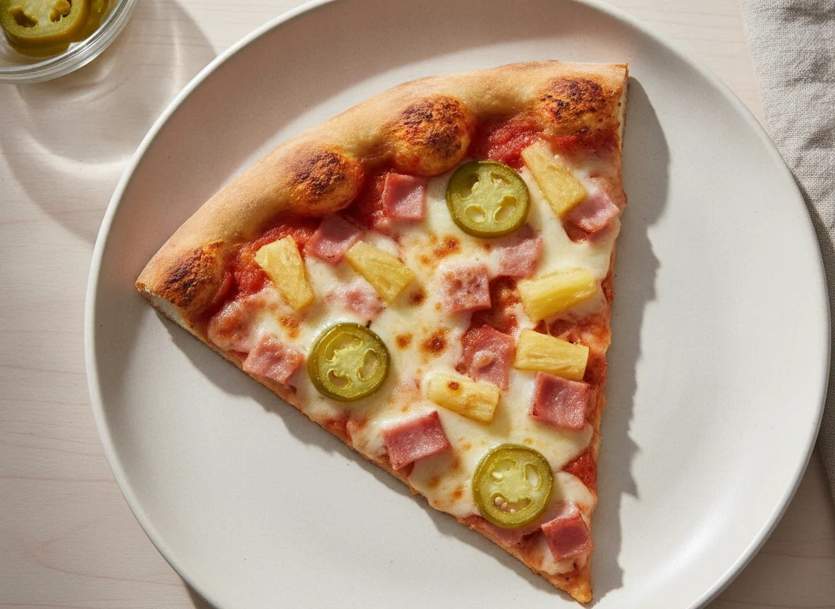 Rebanada de pizza hawaiana con jalapeños photo