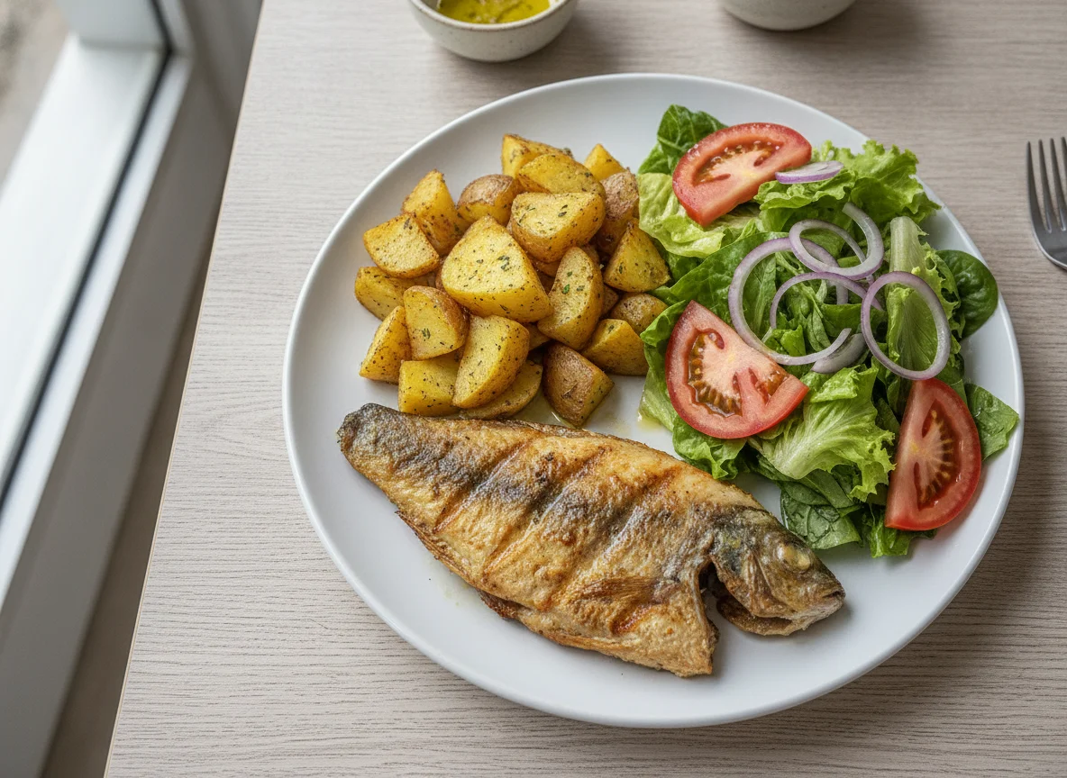 Reineta a la plancha con papas rústicas y ensalada photo