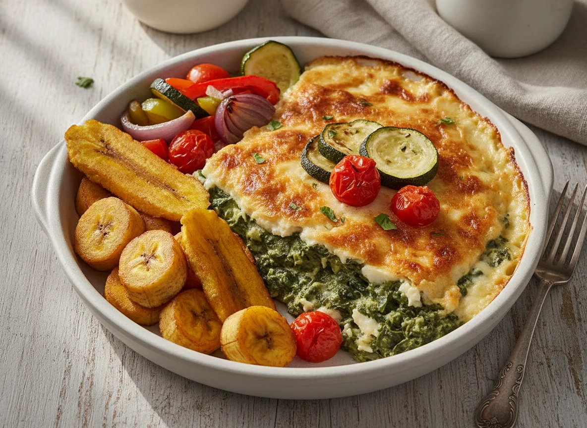 Relleno de espinaca con salsa blanca y plátanos photo