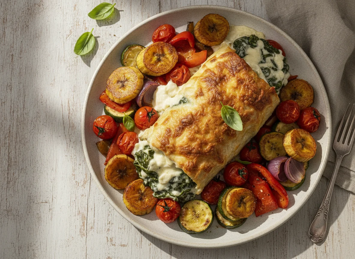 Relleno de espinaca con vegetales rostizados y plátanos photo